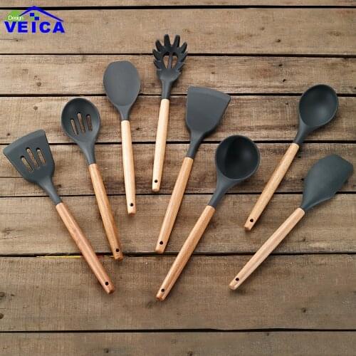 1Pcs Wooden Handle Silicone Utensil Sets Spatula Heat-resistant Soup Spoon Non-stick Special Cooking Shovel Kitchen Tools