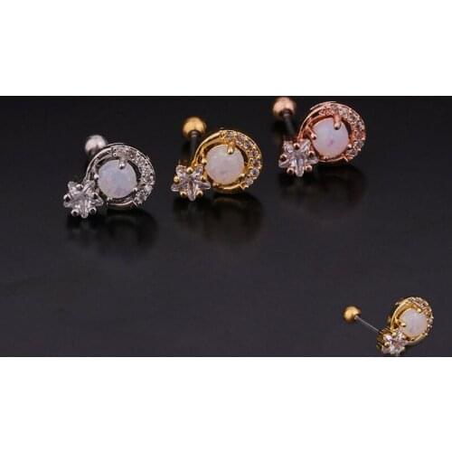 1 PCS High Quality Zircon Moon Star Shape Ear Piercing Helix Stud Earring Trendy Steel Round Bar Ball Ear Cartilage Cuff Jewelry