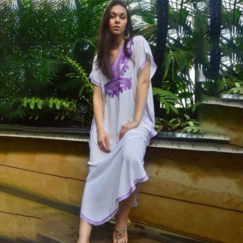 2021 Summer Blue Cotton Bohemian Dress Beach Blouse Plus Size Embroidered Beachwear Tunic Dress Beach Robe Robe Beach Kimono New