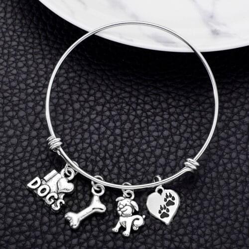 64mm Stainless Steel Adjustable Wire Bangle I Love Dog for Pets Lovers Charm Bracelets