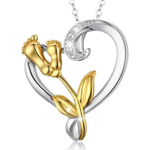 Eudora 925 Sterling Silver Golden baby footp Pendant Crystal Heart necklace Jewelry for women birthday party Gift D589