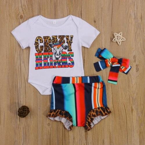 3Pcs Outfits Clothes Set For Infnat Baby Girls Summer Short Sleeve Letter Print Romper + Ruffles Shorts + Headband Set Toddler