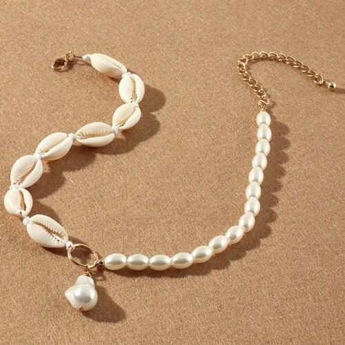 Boho Statement Gold Color Shell Chains Baroque Pearls Pendant Necklace for Women Girls Beach Clavicle Necklaces Jewelry Gift