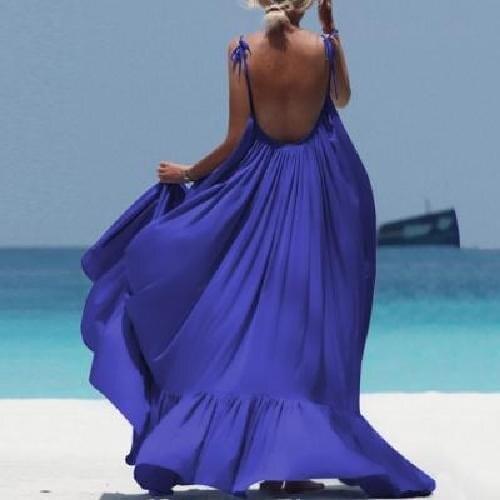 Sweet Woman Halter Sleeveless Long Dress 2021 Summer Ladies Solid Backless Beach Dresses Round Neck Sling Fashion Beach Clothes