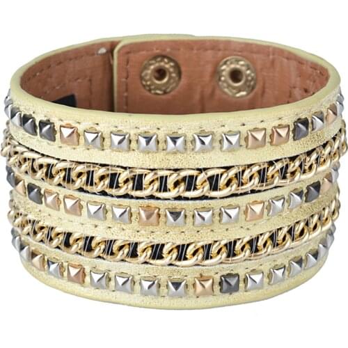 Kirykle Multilayers Rock Spikes Rivet Chains Gothic Punk Wide Cuff Leather Bracelets Bangles Women Charm Wristband Wrap Bangle
