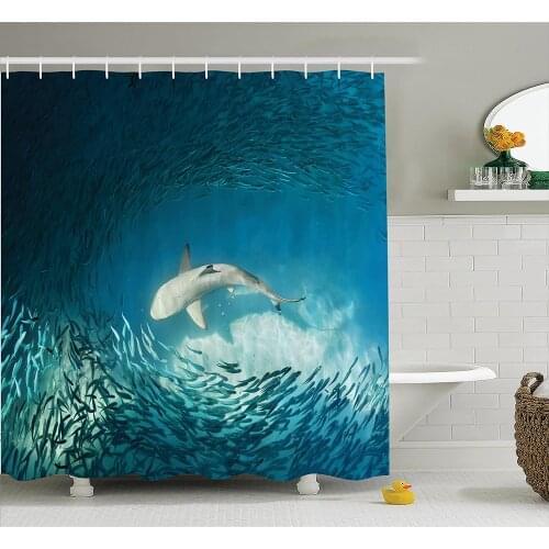 Sea Animals Shower Curtain Shark and Small Fish in Ocean Wilderness Waterscape Wildlife Nature Theme Bath Curtains For Bathroom