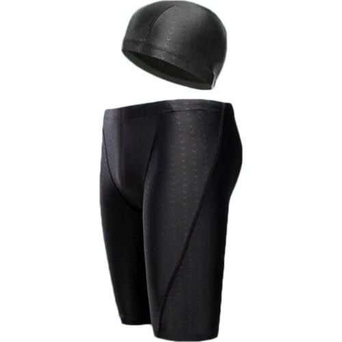 Men Sharkskin Waterproof Swim Trunks with Swimming Cap Drawstring Elastic Waist Beach Board Shorts Quick-Dry Swimwear