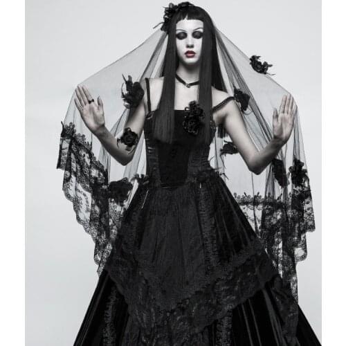 PUNK RAVE Women Gothic Gorgeous Veil Diaphanous Mesh Flowers Lace Decoration Wedding Header Veil