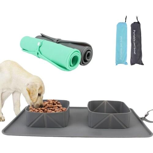 Portable Pet Bowl Water Feeder Outdoor Travel Silicone With Flannel Bag Food Container Folding Double Bowls For Dogs Cats