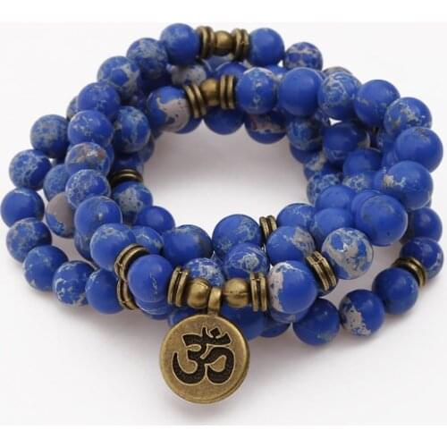 Blue 108 beads 8mm elastic adjustable Lotus life tree Buddha OM eye Chakra Reiki agate Onyx Bracelet necklace cfv3