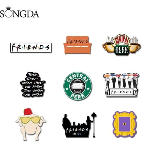 SONGDA Cute Friends TV Show Lapel Pins Central Perk Coffee Time Monicas Apartament Door Badges Acrylic Brooch Best Friend Gift