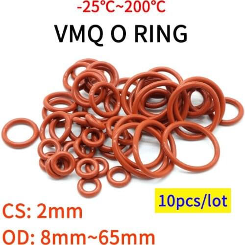 10pcs VMQ O Ring Seal Gasket Thickness CS 2mm OD 8 ~ 65mm Silicone Rubber Insulated Waterproof Washer Round Shape Nontoxi Red