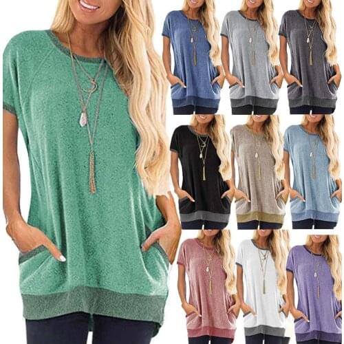T Shirt Women Summer Clothes 2021 Led Color Matching Pocket Turtleneck Sweater t-shirts With Short Sleeves Tshirt CHF6835