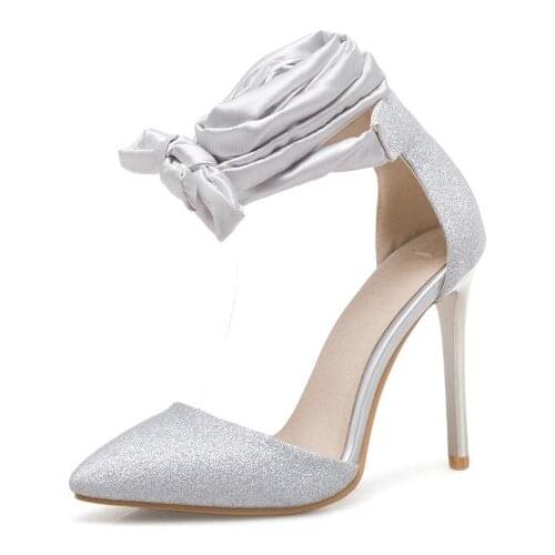 Big Size 11 12 13 14 15 16 17 ladies high heels women shoes woman pumps Fine-heeled pointed bow strap-on single shoe