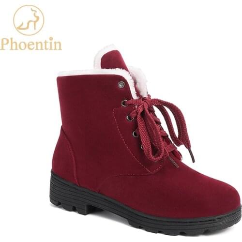 Phoentin 2019 winter boots girls wine red color flat mid heels women snow boots platform lace up shoes plus size black FT797