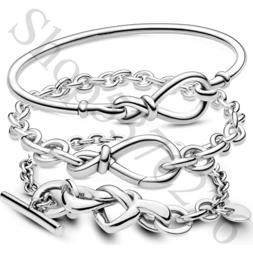 Authentic 925 Sterling Silver Infinity Knot Heart Fashion Bangle Bracelet Fit Pandora Women Bead Charm Gift DIY Jewelry