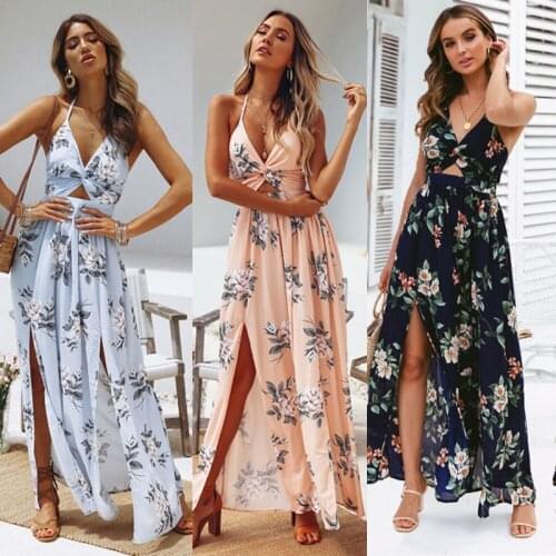 2021 Boho Summer Womens Long Dress Bandage Elegant Floral Halter Sexy Evening Party Maxi Dresses Holiday Sundress