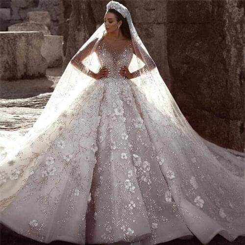 Vestidos De Novia 2020 Arabic Luxury Beaded Lace Wedding Dress Long Sleeve Floral Wedding Bridal Gowns robe de mariee WD30637
