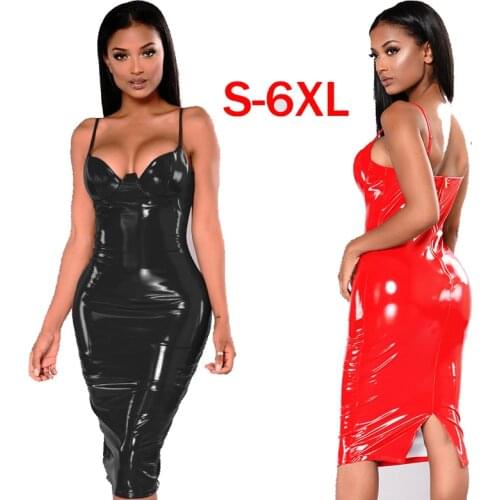 Women Wetlook PVC Leather Dress Sexy Spaghetti Straps V-neck Bandage Bodycon Party Dresses Black Red Knee Length Club Dress
