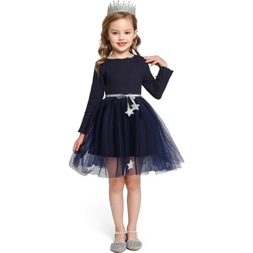 2-8T Girls Eleant Dress Princess Star Silver Belt Long Sleeve Clothing Kids Party Birthday Tutu Dresses 3 Colors Child Clothes