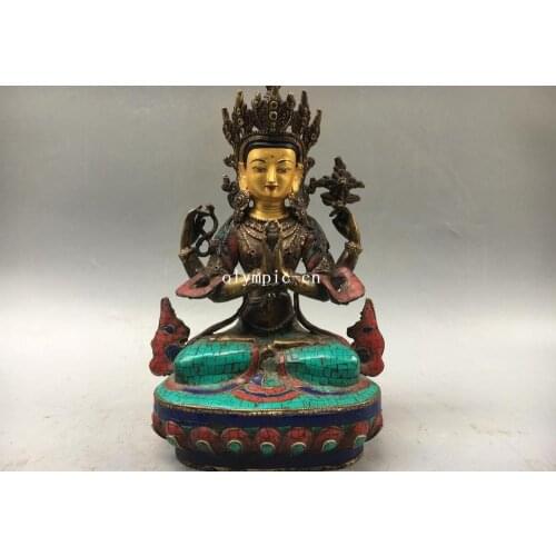 13'' bronze gold inlay turquoise coral gem Four arm hand Manjusri Avalokitesvara