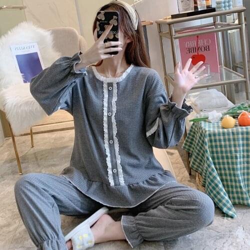 2021 Spring Autumn Long Sleeve Cute Lace V-neck Cotton Pajama Sets for Women Sleepwear Pyjama Homewear Pijama Mujer Home Clothes