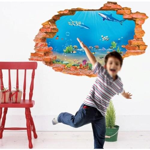 3D Break Wall Underwater World Wall Decal Sticker The Oceans Pavilion Wall Art Mural Poster Sticker Home Decor Wall Applique
