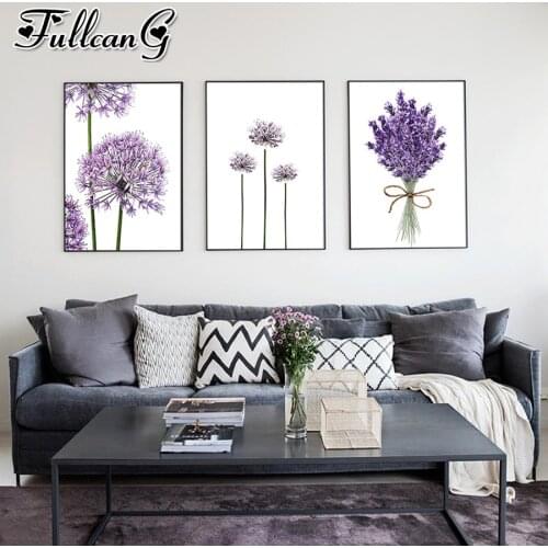 FULLCANG 5d diy diamond embroidery sale lavender diamond painting triptych full square round drill flowers decoration FC2575