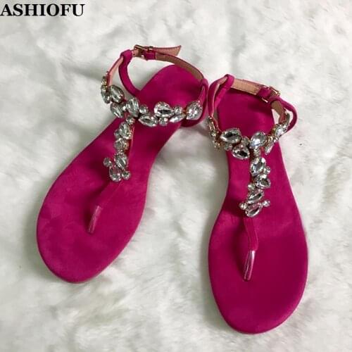 ASHIOFU Handmade Girls Sandals Solid Beach Rhinstones Summer Shoes Large Size T-strap Casual Fashion Flat Sandals Shoes
