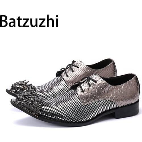 Batzuzhi New Handmade Mens Shoes Pointed Iron Toe Leather Dress Shoes Men Lace-up Formal Business/Party and Wedding Shoes Male