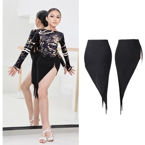 Kids Girls Latin Dance Skirt Bevel Edge Slit Black Skirt Cha Cha Sance Clothing Samba Costume Latin Dance Practice Wear DNV15297