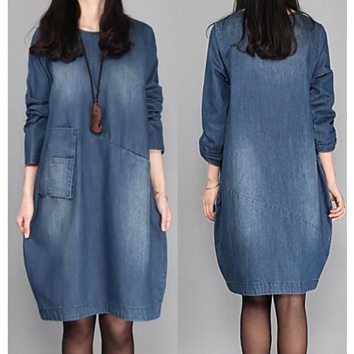 Maternity Denim Autumn Dress Long Sleeve O-Neck Loose With Pocket Dresses for Pregnant Women Pregnancy Comfortable Clothes