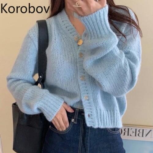 Korobov Korean Chic Autumn Winter Sweet Blue Cardigans Vintage V Neck Long Sleeve Single Breasted Cardigan Sweater Japanese Knit