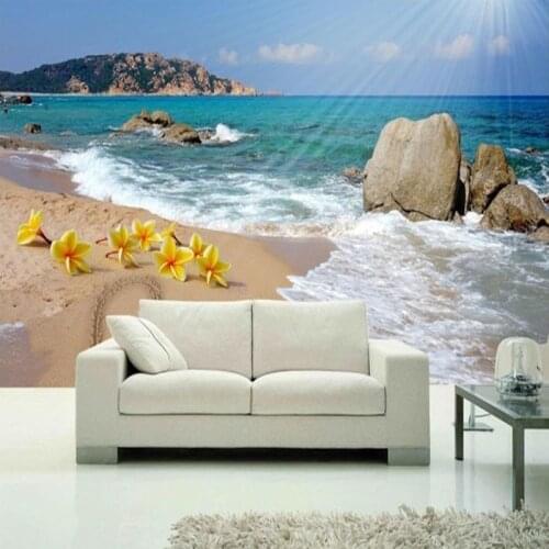 Beautiful Beach Sea Wave Photo Mural Wallpaper 3D Stereo Seaside Landscape Wall Painting Living Room Dining Room Romantic Murals