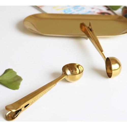 High Quality Stainless Steel Ground Coffee Spoons Golden Measuring Scoop Spoon With Bag Seal Clip LX8560