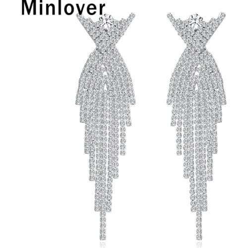 Minlover Silver Color Big Tassel Pendant Bride Wedding Earrings for Women Rhinestone Statement Hanging Earrings Jewelry MEH1175