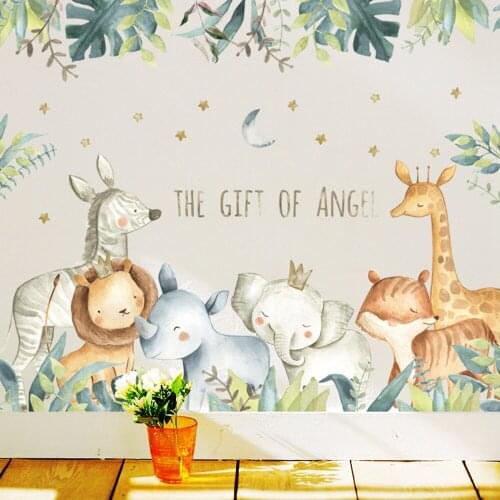 Cartoon Wall Stickers for Kids Rooms Giraffe Lion Fox Elephant Animal Home Decals Nursery Kindergarten Baby Room Home Decor