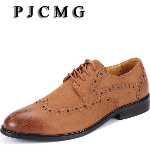 PJCMG New Breathable Black/Brown Dress Cow Suede Leather Pointed Toe Lace-Up Solid Wedding Business Oxford Business Shoes