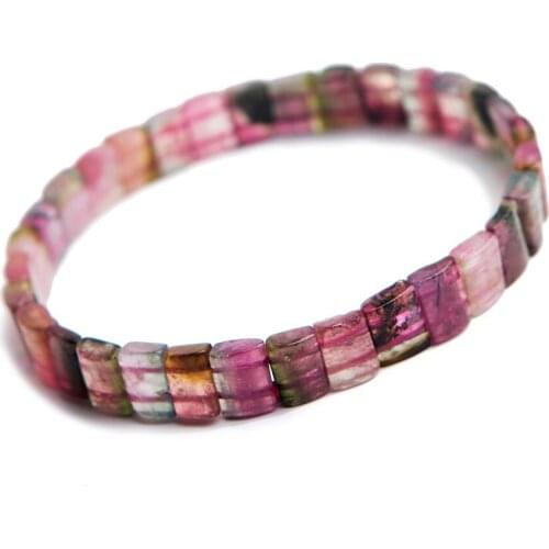 Genuine Colorful Natural Tourmaline Quartz Crystal Rectangle Bead Stretch Bangle Bracelets For Women 8*4mm