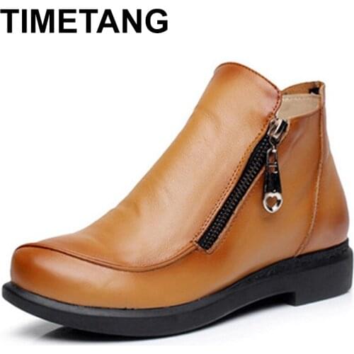 TIMETANG New Autumn lady Winter Short Flat Heels Shoes Genuine Leather Boots Side Zipper Women Ankle Boots Plus Size 41-43 E247