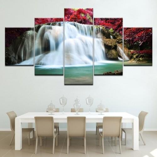 The waterfall red flowers landscape 5 piece Wallpapers modern Modular Poster art Canvas painting for Living Room Home Decor
