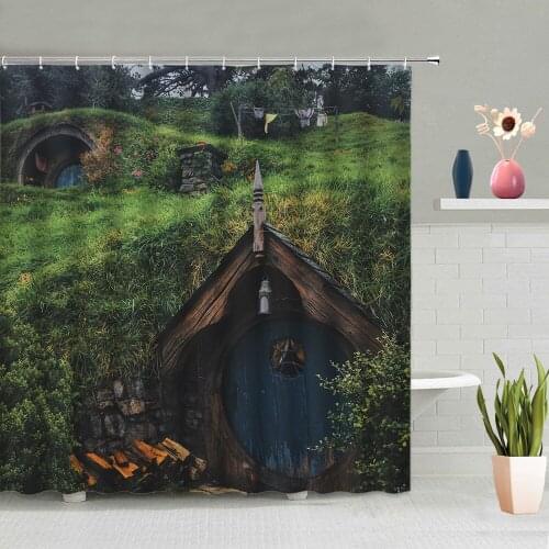 House Construction Shower Curtain Tree Forest Grass Flower Pattern Bathroom Decoration Screen Machine Washable Fabric With Hook