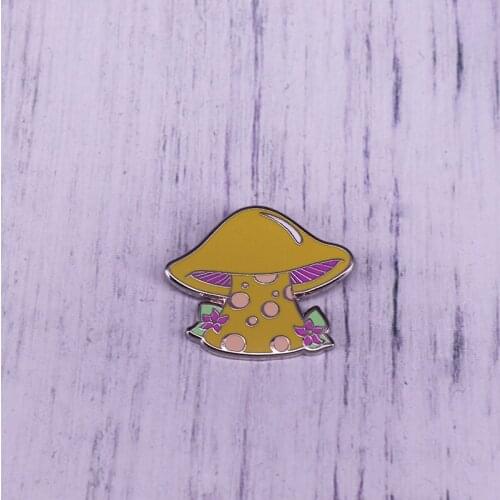 Yellow Mushroom Cartoon Lapel Pin With Flowers Grass Enamel Brooch Cute Accessory Badge
