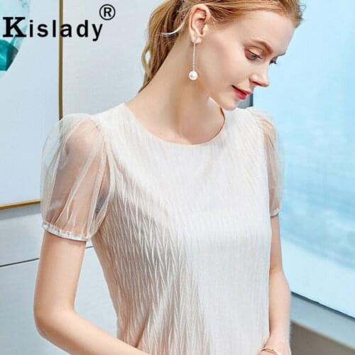 Kislady Spring Womens Mesh Tops Transparent Sexy Shirt Korean Charming Harajuku Shirt Lace Hollow Out O-Neck Puff Sleeve Shirt