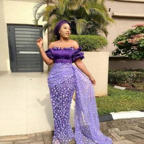 Off the Shoulder Purple Mermaid Prom Dresses Lace Appliques Pleat Sleeve Side Overskirt Evening Gown Plus Size Africa Dress