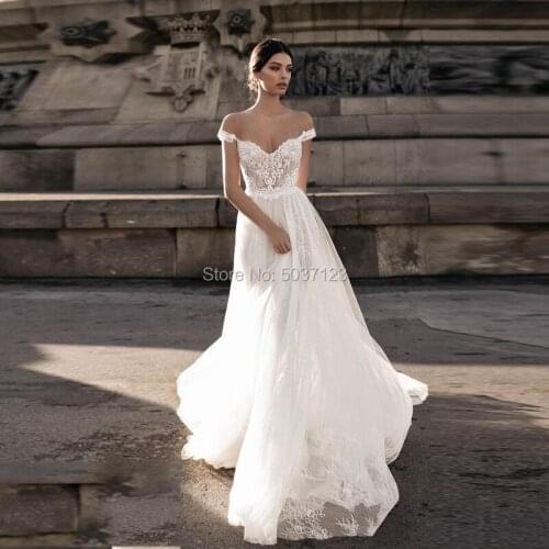 A Line Beach Wedding Dresses Off the Shoulder V Neck Lace Appliques Backless Bridal Wedding Gown Vestido De Noiva Custom
