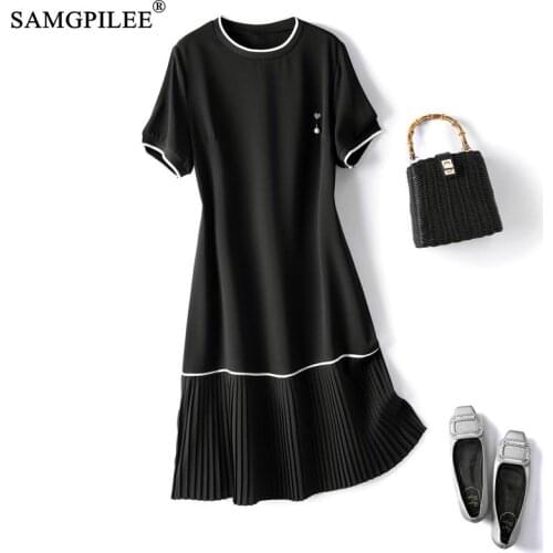 Summer Dresses 2021 New Ladies Elegant Hem Pleated With Buttons On The Back O Neck Knitted Short-sleeved Plus Size Dress Woman