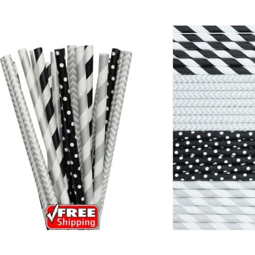 200pcs Mixed 4 Designs Black and Silver Themed Paper Straws-Swiss Dot,Striped,Chevron Metallic Graduation Party Pirate Birthday