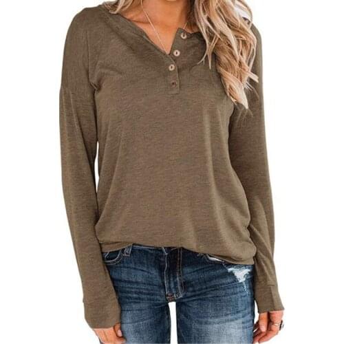 2021 New Spring Long Sleeve Solid Women T-Shirts Casual V Neck Buttons Loose Female Tee Tops Autumn Plus Size Pullover T Shirts