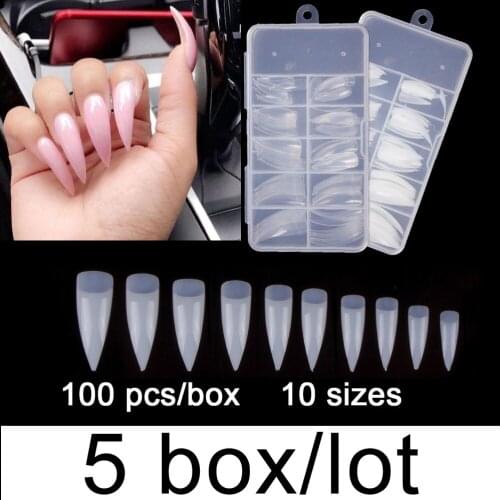 5 Boxes Per Lot 100Pcs/Box Stiletto False Nail Tips Full Cover Short Length 10 Sizes 2 Colors Fake Nails